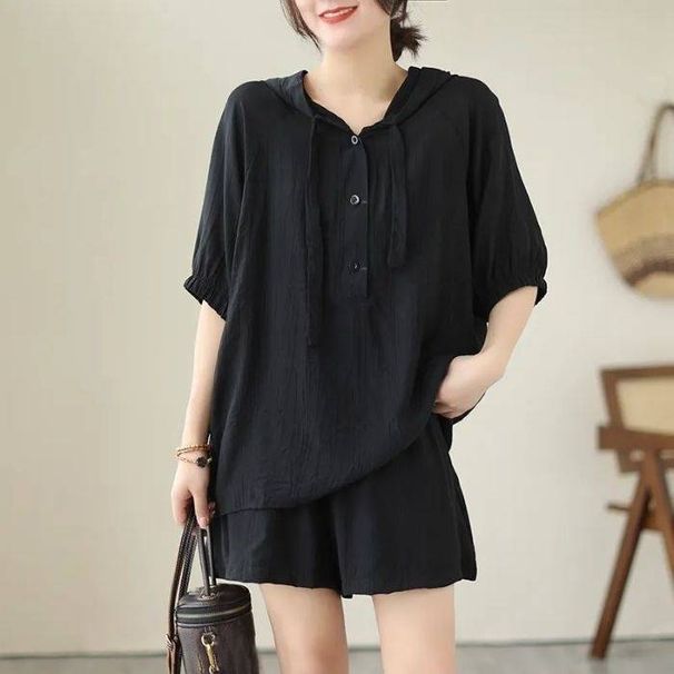 Women's Clothing Suit Short Sleeved Tops To Cover The Flesh Women's Loose Slimming Shorts Large Size Hooded Fat Mm_ecoleips.com