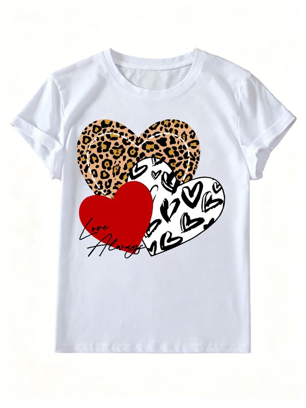 Women Leopard Print Heart Love Always Letter Graphic T Shirt Round Neck Short Sleeve Loose Casual Summer Tops_ecoleips.com