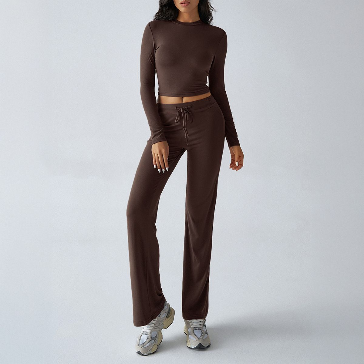 Y2K Sporty Matching Set – Women’s Slim Long-Sleeve Top & Lace-Up Trousers (S-XL, 12 Colors)_ecoleips.com