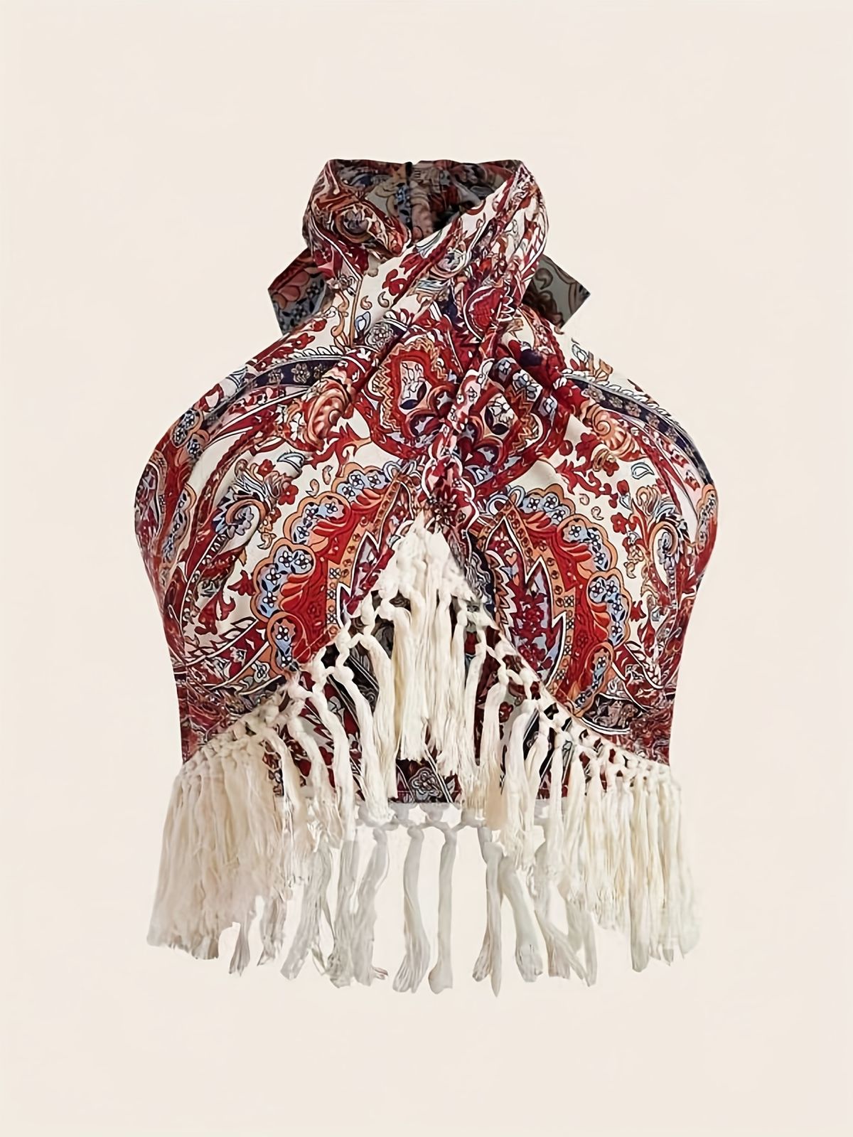 Paisley Print Fringed Edge Butterfly Knot Tie Back Hanging Neck Top Women's Bohemian Style Off Shoulder Casual Fashion_ecoleips.com