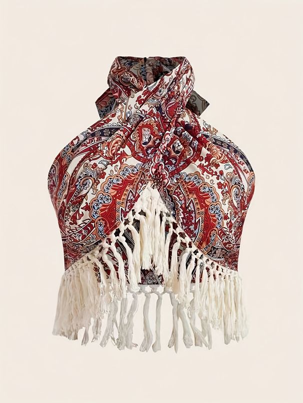 Paisley Print Fringed Edge Butterfly Knot Tie Back Hanging Neck Top Women's Bohemian Style Off Shoulder Casual Fashion_ecoleips.com