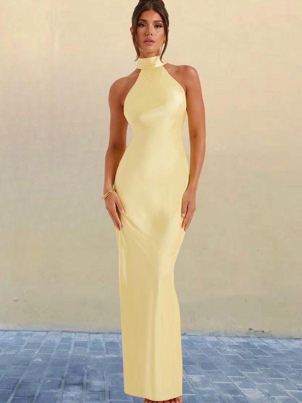 Women's Clothing Fashion High Collar Sleeveless Halter Neck Hip Skirt Female Spring New Design Satin Slit Dress_ecoleips.com