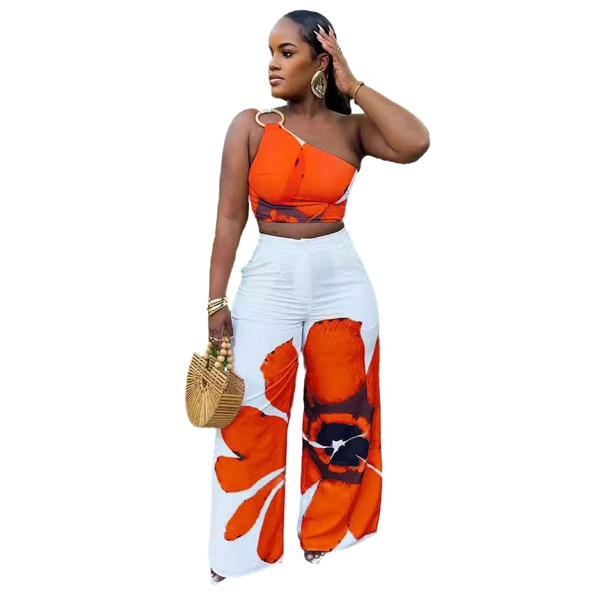 Women's Clothing Fashion Sexy Flower Print One Shoulder Slim Wide Leg Pants Two Piece Set_ecoleips.com