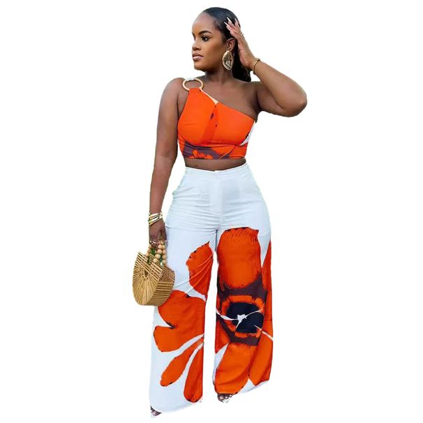 Women's Clothing Fashion Sexy Flower Print One Shoulder Slim Wide Leg Pants Two Piece Set_ecoleips.com