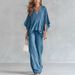 Women's Cotton Linen Long Sleeve Pleated Wide Leg Pants Suit Casual Autumn Outfit Set_ecoleips.com