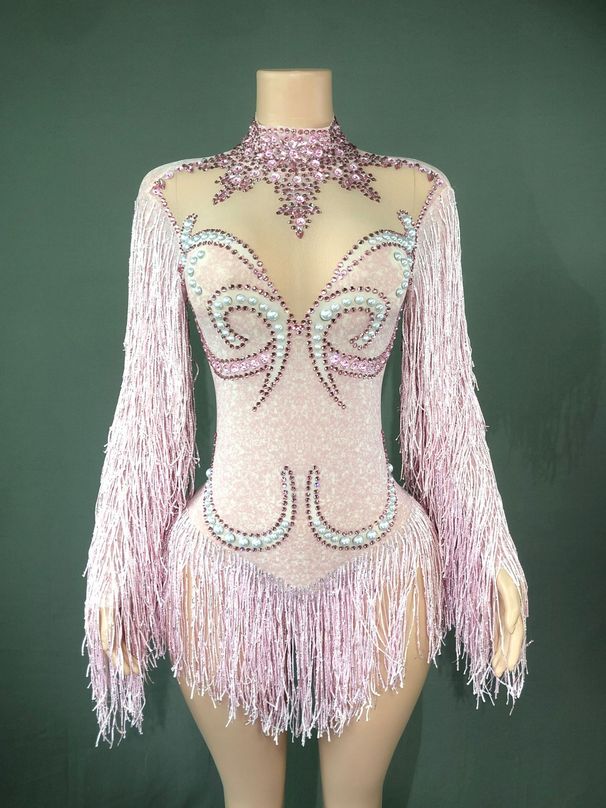 Singer Stage Dance Costume Retro Pearl Rhinestone Sexy Long Sleeved Tassel Performance Gown Women's Party Wear_ecoleips.com