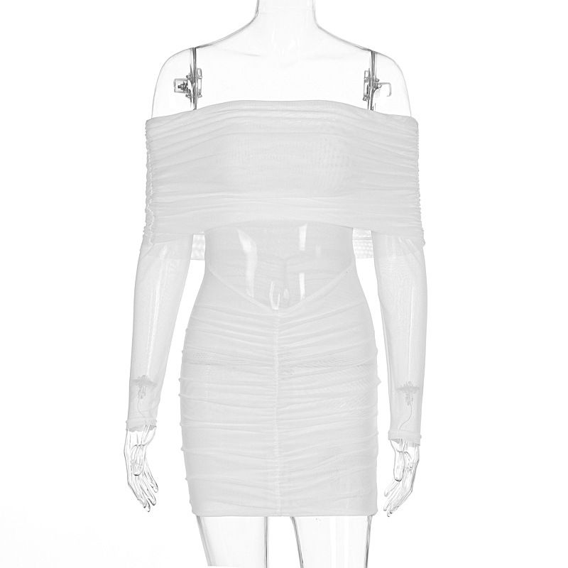 New Arrival Sexy Flirting Mesh Off Shoulder Lapel Long Sleeve Slimming Casual Party Women Dress_ecoleips.com