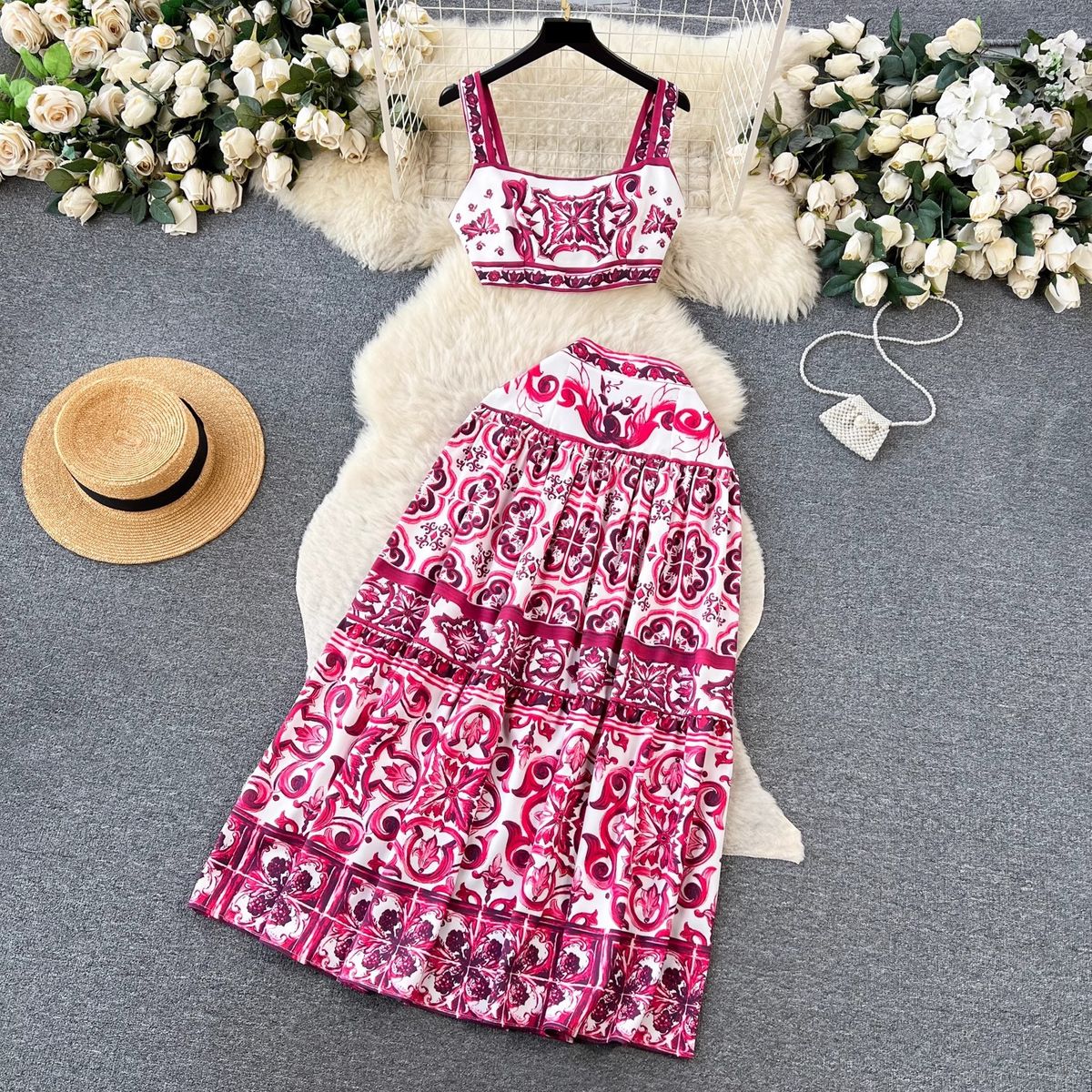 Women's Blue And White Porcelain Print Skirt Set Casual High Waist Mid-Length Pencil Skirt With Revealing Waist Camisole_ecoleips.com