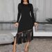 Plus Size Elegant Fringe Dress Women's Solid Color Long Sleeve Bodycon Evening Gown With Round Neck_ecoleips.com