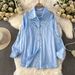 Gentle Blue Women's Crochet Lace Collar Cardigan Casual Mid-Length Shirt Sun Protection Spring/Autumn Summer Polyester_ecoleips.com