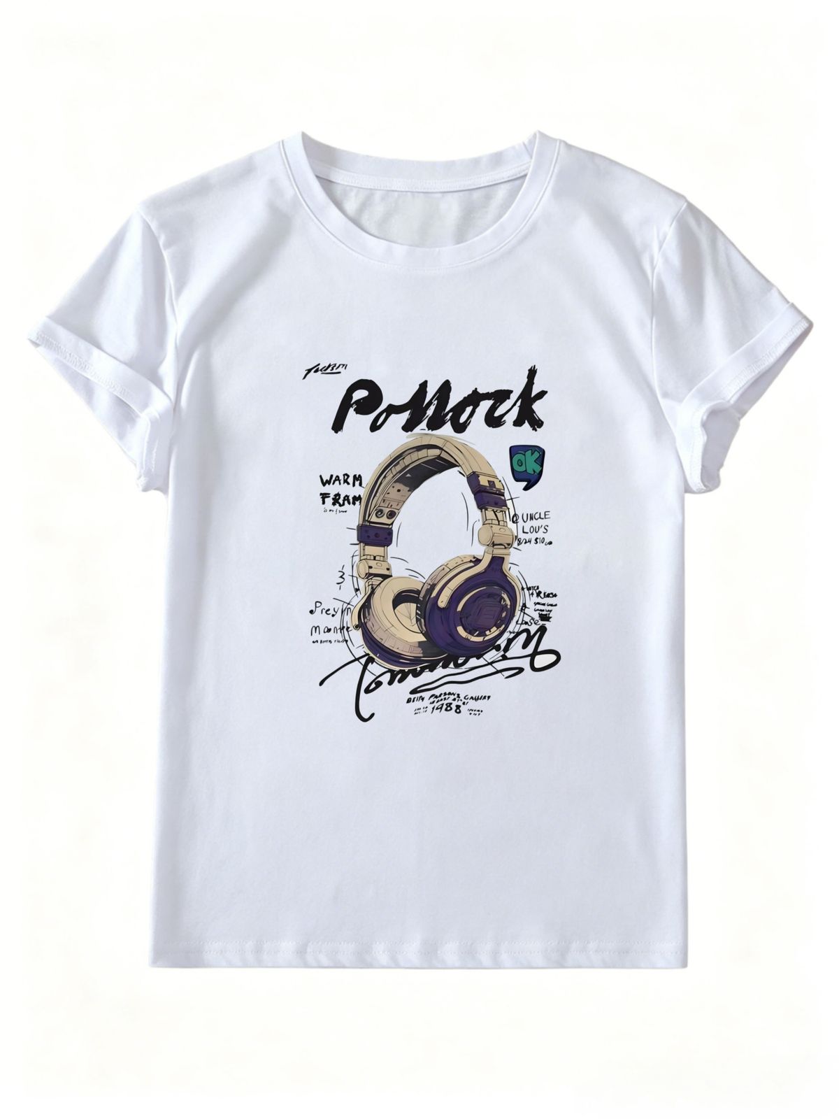 Women's Retro-Style Headphones & Polka-Dot Sketch Print T-Shirt – Music Art Graphic, Crew Neck, Short Sleeve – Casual Top For Commuting & Streetwear_ecoleips.com