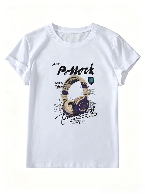 Women's Retro-Style Headphones & Polka-Dot Sketch Print T-Shirt – Music Art Graphic, Crew Neck, Short Sleeve – Casual Top For Commuting & Streetwear_ecoleips.com