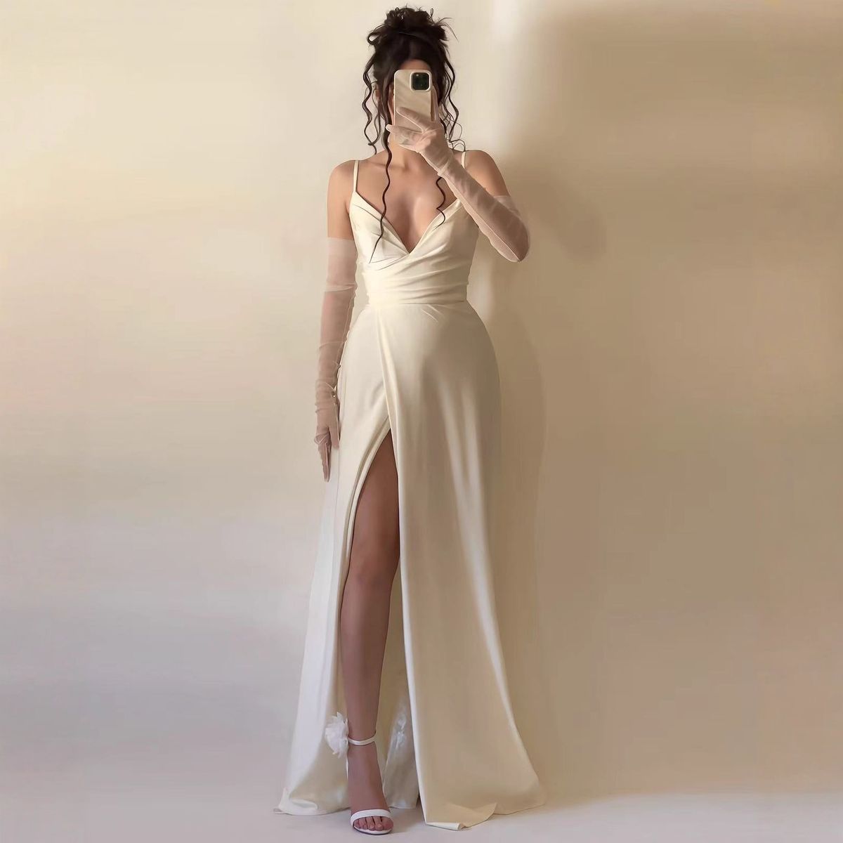 Women's Clothing Elegant Sexy Spaghetti Strap Slit V Neck Elegant V-Neck Slit Dress – Strapless Party Gown With Pleated Detail In Soft Beige (S-XXL)_ecoleips.com