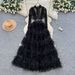 Women's Clothing Luxury French-Style Tulle Ball Gown – Embroidered Sequins & Beads, High Waist Elegant Long Dress (Beige/White/Black, M/L/XL/XXL)_ecoleips.com