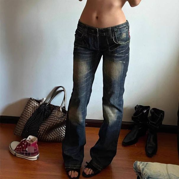 Vintage Low-Rise Distressed Jeans For Women - Y2k Style With Heavy Embroidery, Baggy & Long Straight Leg Denim Pants_ecoleips.com