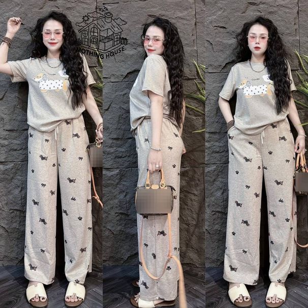 Women's Summer Fashion Two Piece Set Southeast Asian Style Puppy Print Slimming Straight Leg Wide Leg Pants Short Sleeve Top_ecoleips.com