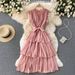 Women's French Style Dress Yellow Heavy Duty Pleated Collar Tie Waist Slimming Chiffon Cake Skirt With Ruffles Casual Summer Dress_ecoleips.com