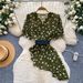 Women's French Style Green Polka Dot V Neck Shirt Korean Summer Short Sleeved Fitted Waist Tie Top Slimming Stylish_ecoleips.com