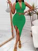 Women's New Solid Color Halter Deep V Tank Top Irregular Bodycon Skirt Set_ecoleips.com