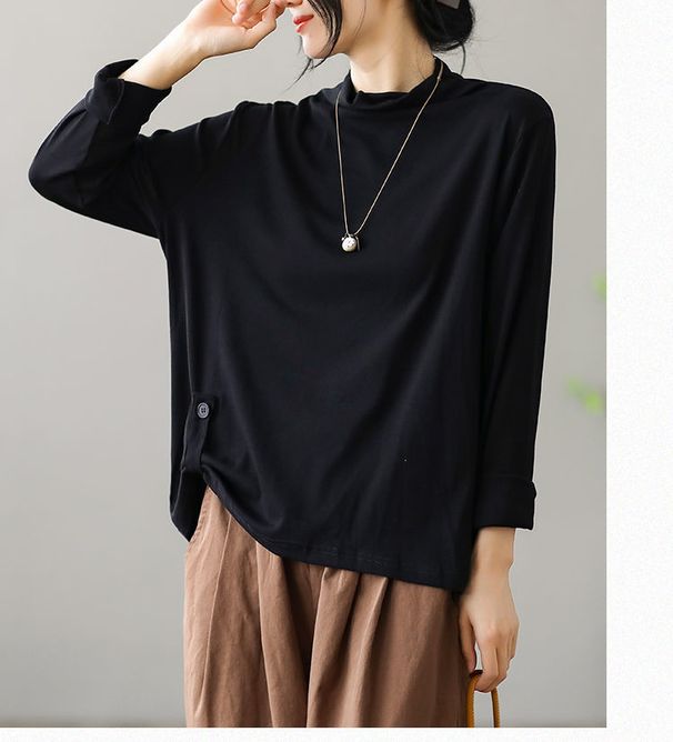 Black High-Necked Base Layer Shirt For Spring/Autumn Season; Women's Long-Sleeved T-Shirt With A Fitted, Solid-Color Des_ecoleips.com