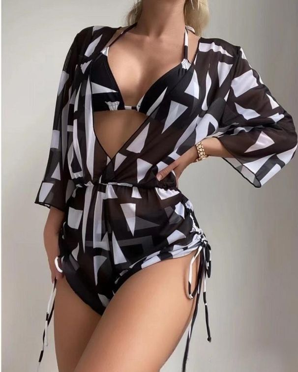 Women's Clothing Long Sleeved Three Piece Mesh Waist Drawstring Printed Split Bikini Swimsuit_ecoleips.com