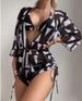 Women's Clothing Long Sleeved Three Piece Mesh Waist Drawstring Printed Split Bikini Swimsuit_ecoleips.com