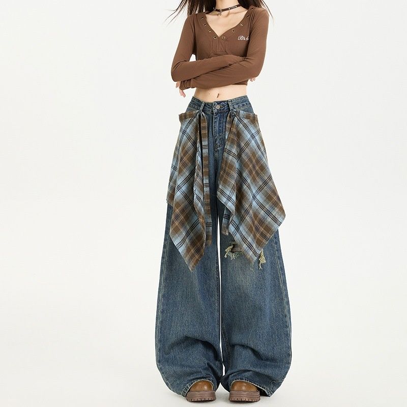 High Street Fart Curtain Wide-Leg Jeans For Women 2025 Autumn New Slim High-Waist Loose Retro Ripped Straight Pants_ecoleips.com