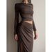 Russian High-End Pleated Fitted Dress With Straight Collar Top, Retro High Slit Long Skirt Two-Piece Set_ecoleips.com