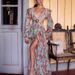Women's Clothing Fashion Sexy Printed Lantern Long Sleeved V Neck Slit Dress Mp 698_ecoleips.com