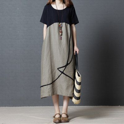 Summer Korean Style Loose Plus Size Women's Fashion Cotton Linen Color Block Round Neck Dress_ecoleips.com