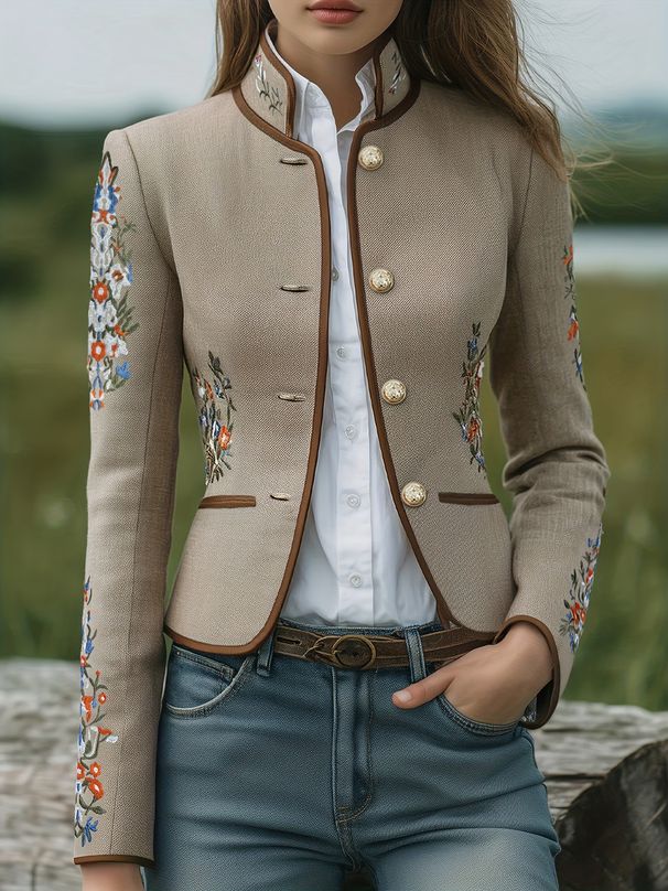 Vintage Floral Embroidered Contrast Trim Stand Collar Jacket For Women - Slim Fit Long Sleeve Blouse With Pockets_ecoleips.com