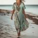 Creative Floral Women's Summer V-Neck Short Sleeve Dress, Mid-Length Dress_ecoleips.com