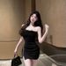 Strapless Dress Women Feather Collar Beaded Slit Birthday Party Wrapped Dresses_ecoleips.com