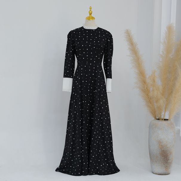Women's Clothing Modest Abaya Dress Charming Floral Print Dress With Ruffle Trim – Elegant Long Sleeve A-Line Maxi Dress For Women (Boho & Modest)_ecoleips.com