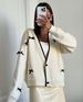 Women's Clothing Knit Cardigan V Neck Elegant White Bow-Knot Knit Cardigan For Women - V-Neck Long Sleeve Casual Blouse With Contrast Trim_ecoleips.com