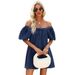Women's Square Neck Puff Sleeve Tie Waist Flowy Mini Dress Denim_ecoleips.com