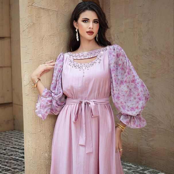 High End Glass Diamond Studded Women's Chiffon Lantern Sleeve A Line Long Skirt_ecoleips.com