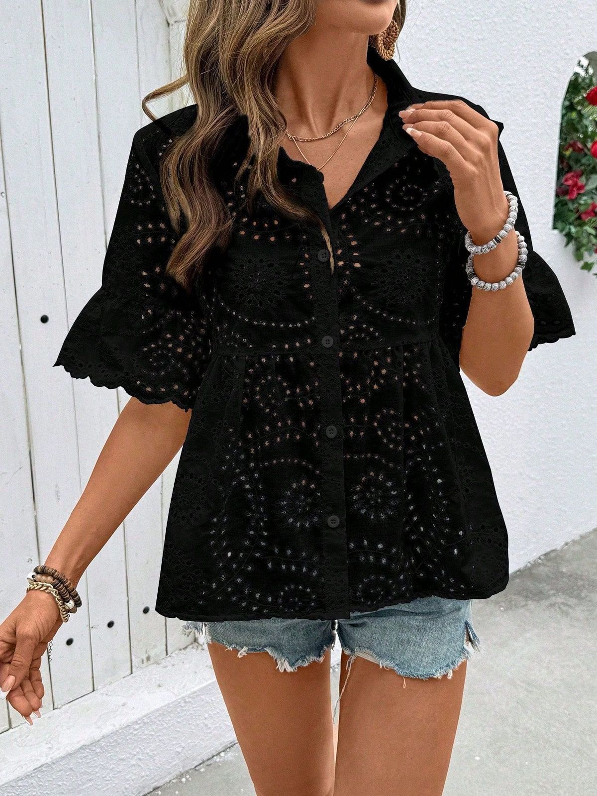Women's Clothing Summer Lace Sleeve Loose Fitting Shirt Casual Style Top Hollowed Out_ecoleips.com