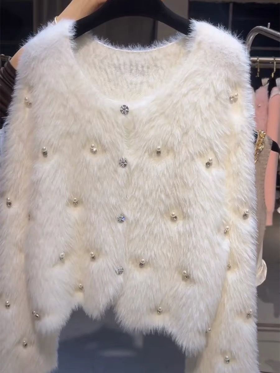 Women's Clothing Chunky Beaded Knit Sweater – Oversized Korean-Style Cardigan For Women_ecoleips.com