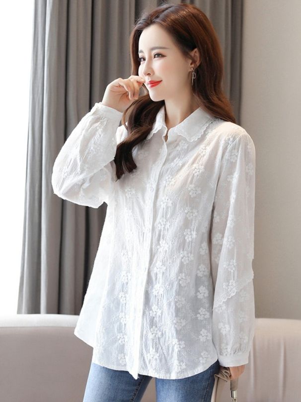 K Lace Lace Lapel White Shirt, Women's Long Sleeved Shirt, Unique And Beautiful Temperament Top_ecoleips.com