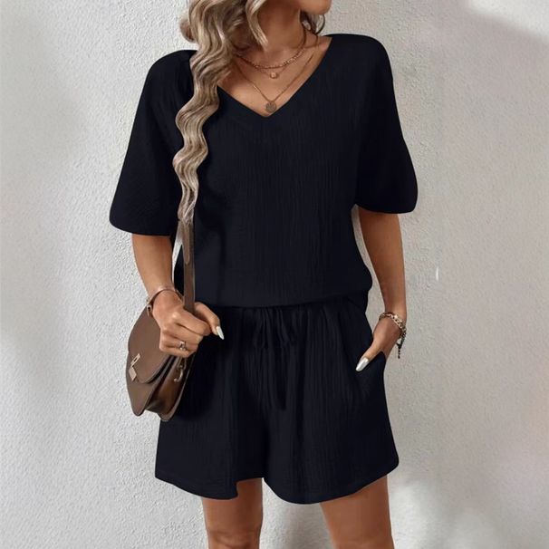 Women's Clothing Spring And Summer New Holiday Leisure V Neck Short Sleeved Top And Shorts Set_ecoleips.com