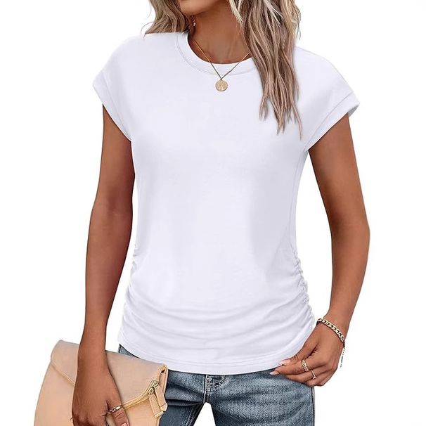 2025 European And American Fashionable Pleated Cap Round Neck Short Sleeve Solid Color Women's T-Shirt_ecoleips.com