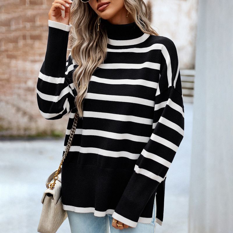 Striped High-Collared Sweater For Women Autumn/Winter Knit Top_ecoleips.com