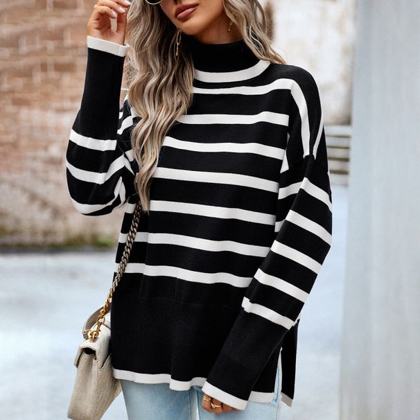 Striped High-Collared Sweater For Women Autumn/Winter Knit Top_ecoleips.com
