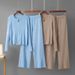 Women's Fashion Casual Two-Piece Set Cross Border Autumn Winter Leather Zip up round Neck Knitted Cardigan Loose Wide Leg Pants_ecoleips.com