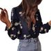 Women's Navy Blue Floral Embroidery Blouse, Long Puff Sleeve V Neck Button Down Shirt, Casual Loose Fit Boho Top For Daily Wear Streetwear, Elegant Re_ecoleips.com