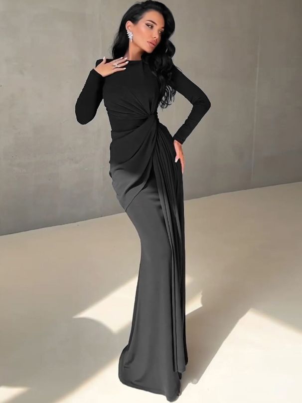 Hugcitar 2025 Spring Eleagnt Solid Long Sleeve Shoulder Pads Ruched Sexy Maxi Dress Women New Clothes Evening Party Festival_ecoleips.com