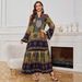 Directly Supplied By The Manufacturer, Yiduoduo's New Cross-border Middle Eastern Printed V-neck Dress, Women's Elegant_ecoleips.com