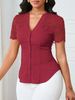K Fashionable And Versatile Single Breasted Solid Color Slim Fit Embroidered Hollow Short Sleeved Top_ecoleips.com