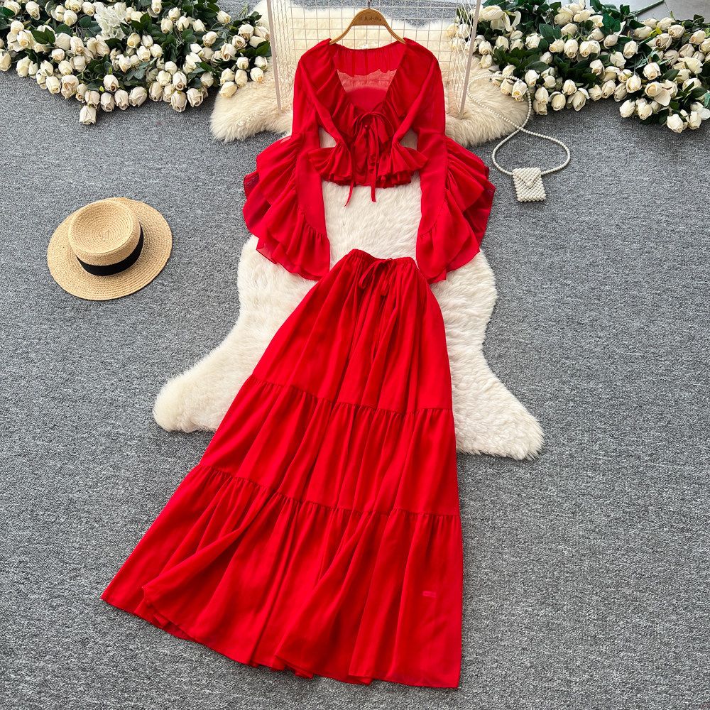 Women's French Style Red Ruffled Bell Sleeve V Neck Blouse And High Waisted Skirt Set Resort Inspired Two Piece Perfect For Autumn_ecoleips.com